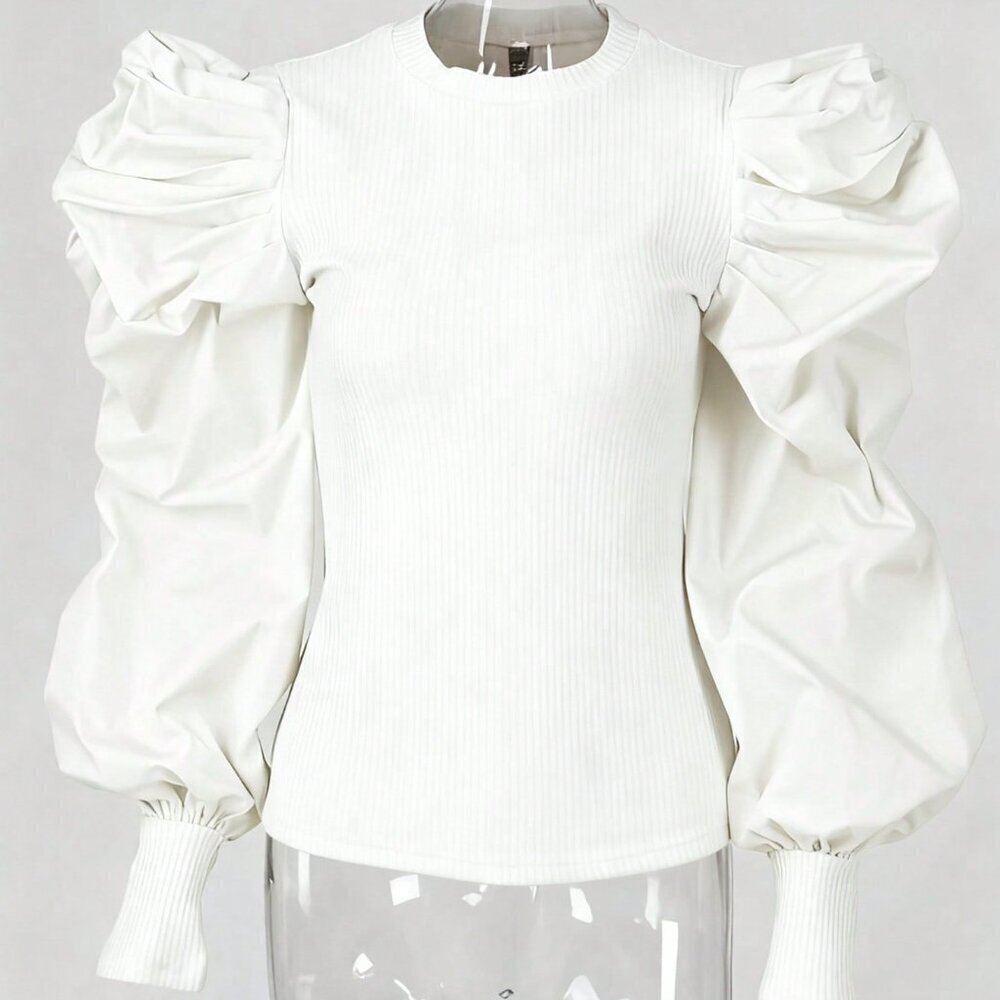 White Casual Women's Round Neck Fitted Puff Sleeve Top - Picture 5 of 5